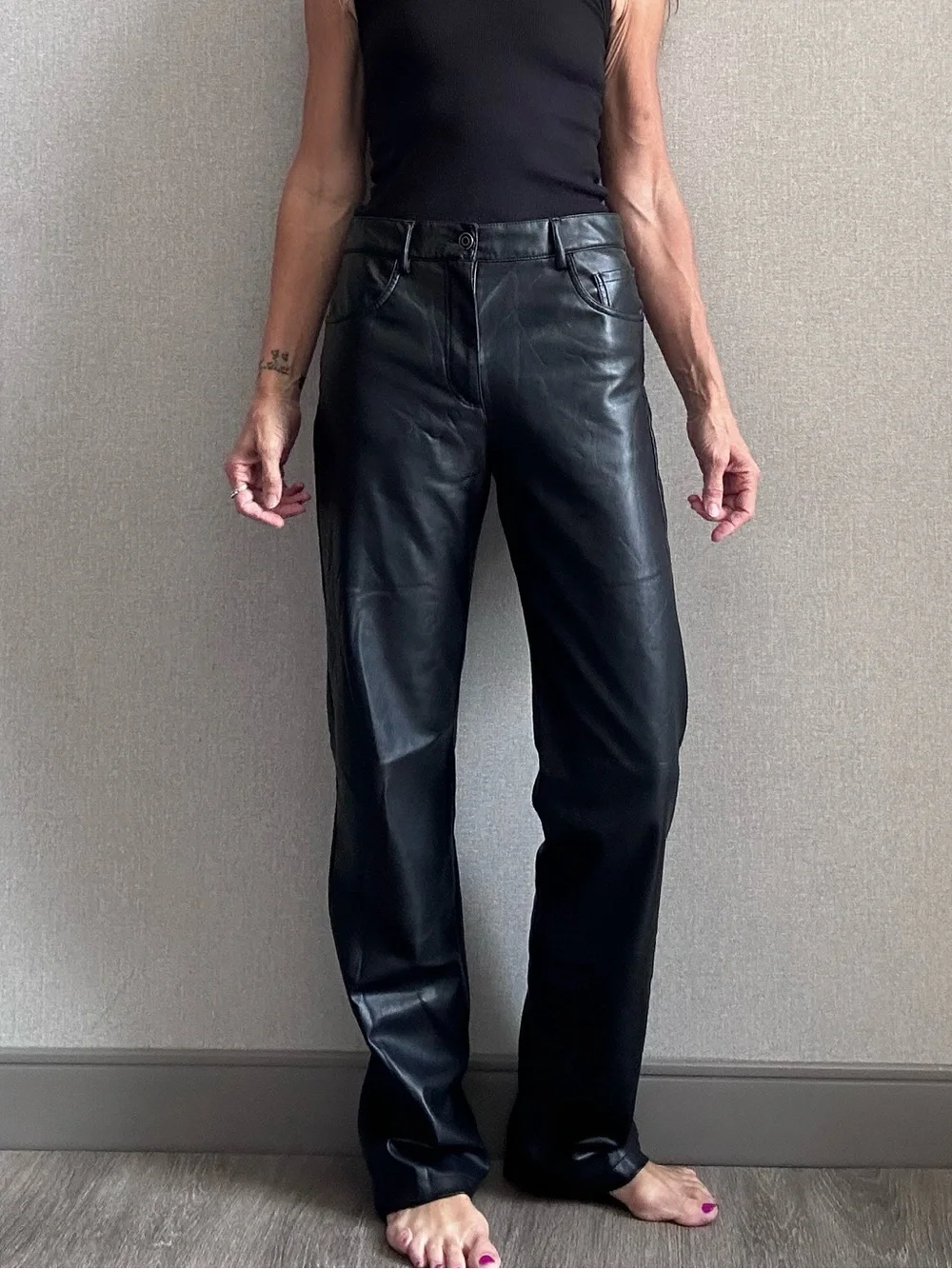 Zara Black Faux Leather Straight Leg Pants Jeans S - Picture 1 of 6